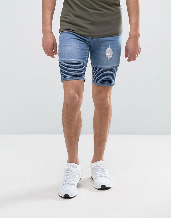 Asos Denim Shorts In Super Skinny Mid Blue With Biker Detail And Rips - Blue