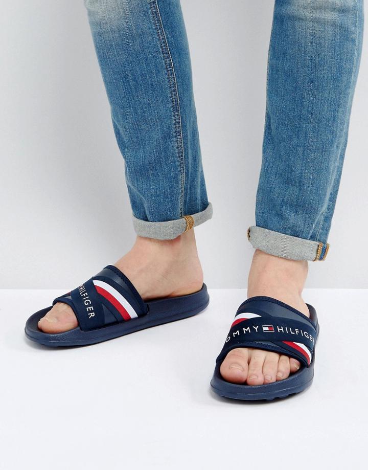 Tommy Hilfiger Logo Slider Flip Flops Cross Over In Navy - Navy