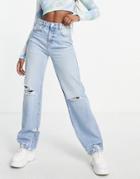 Pull & Bear Straight Leg Frayed Hem Jeans With Rips In Blue