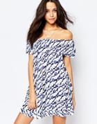 Ba & Sh Firma Off Shoulder Ruffle Dress In Blue Print - Blue