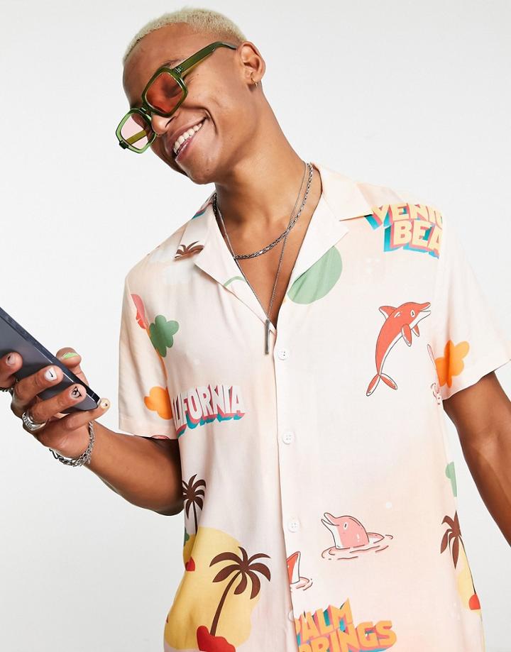 Asos Design Relaxed Revere Shirt In Venice Beach Print-pink