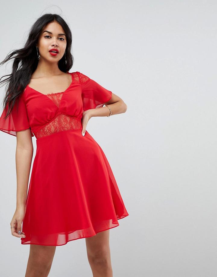 Asos Lace Insert Flutter Sleeve Mini Dress-red