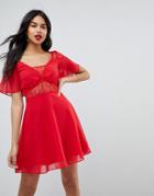 Asos Lace Insert Flutter Sleeve Mini Dress-red