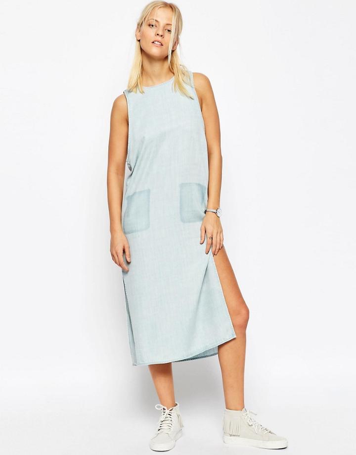 Asos Denim Midi Shift Dress With Splits - Lightwash Blue