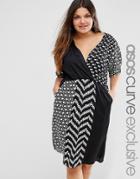 Asos Curve Mixed Mono Print Wrap Midi Dress - Multi