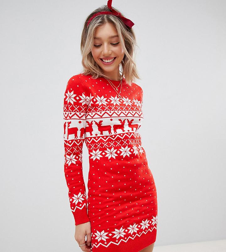 Brave Soul Petite Sweater Dress In Reindeer Fair Isle - Red