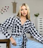 Reclaimed Vintage Inspired Wrap Around Blouse With Collar And Puff Sleeve In Check-multi