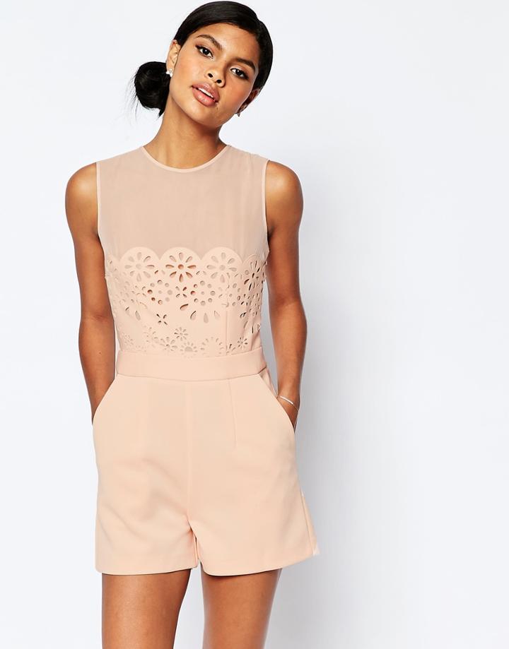 Asos Occasion Laser Cut Romper - Blush