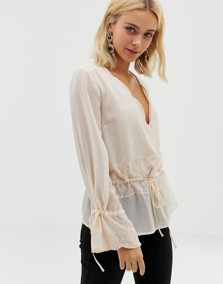 Asos Design Sheer Wrap Long Sleeve Top With Lace Trims-cream