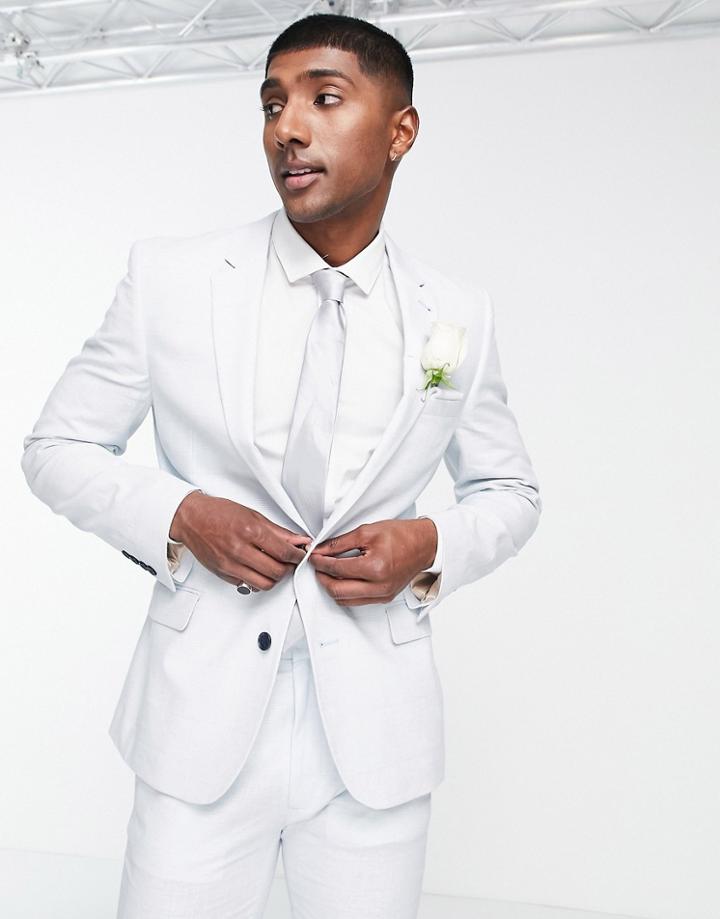 Asos Design Wedding Linen Mix Super Skinny Suit Jacket With Prince Of Wales Check In Light Blue