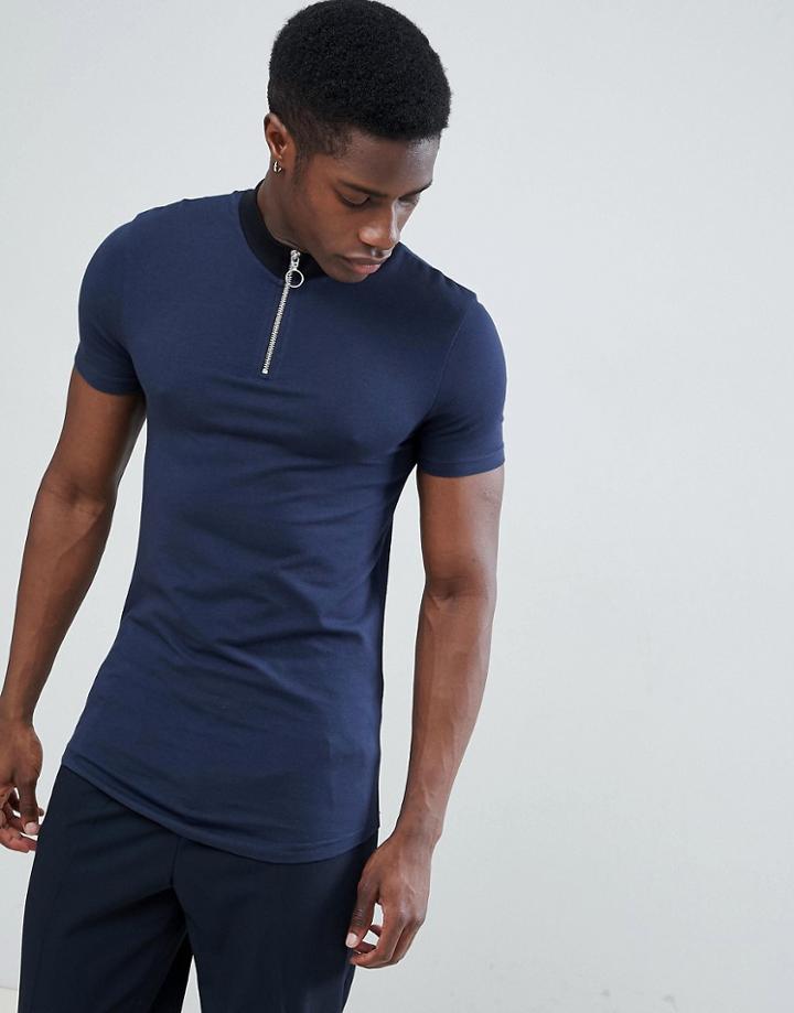 Asos Design Muscle Fit T-shirt With Contrast Zip Neck - Multi