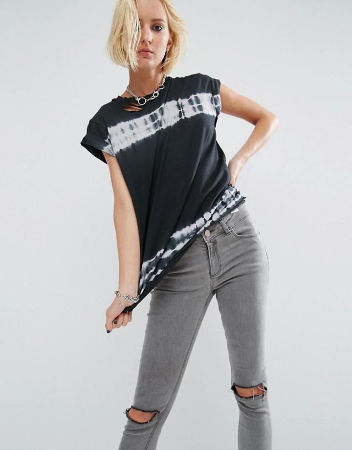 Asos T-shirt In Tie Dye With Distressed Detail - Gray