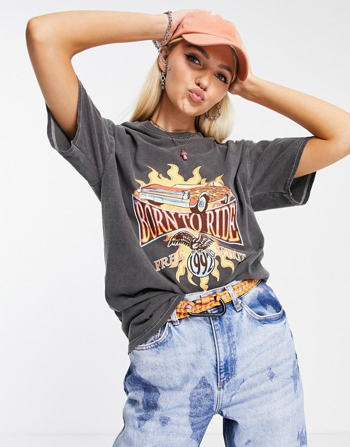 Daisy Street Relaxed T-shirt With Grunge Graphic-grey