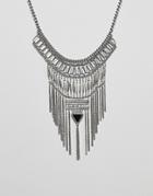 Asos Design Statement Stone And Chain Fringe Necklace - Silver