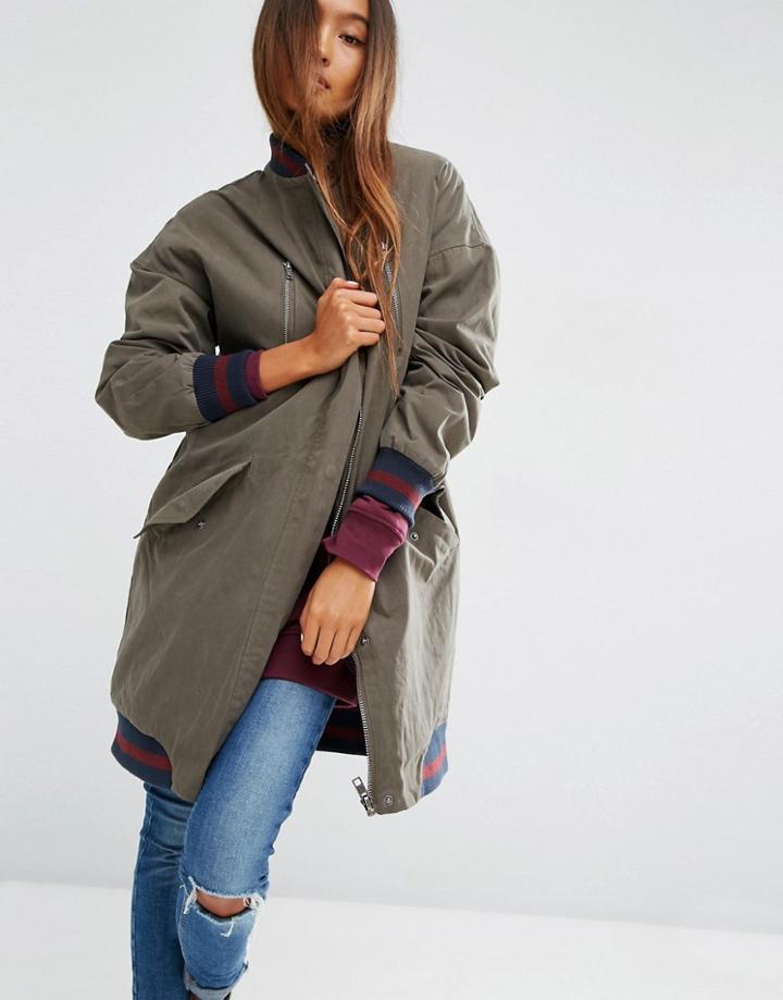 Asos Waxed Longline Jacket With Check Borg Liner - Green