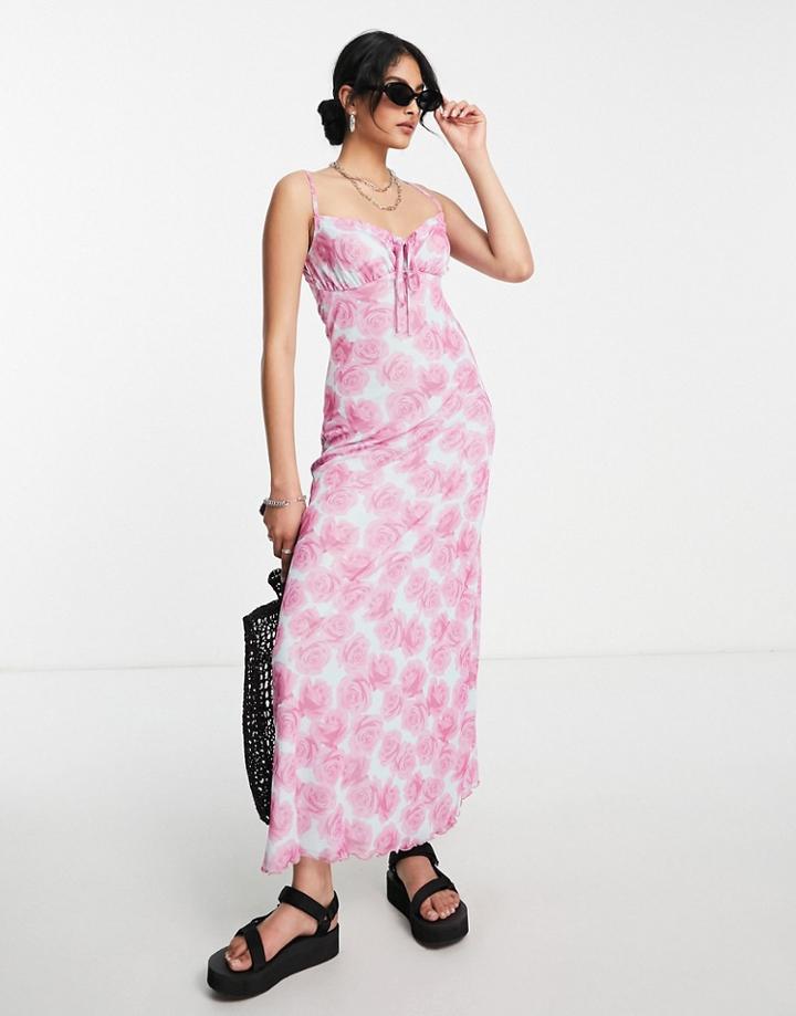 Asos Design Strappy Bust Detail 90s Mesh Midi Dress In Pink Rose Print-multi