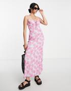 Asos Design Strappy Bust Detail 90s Mesh Midi Dress In Pink Rose Print-multi