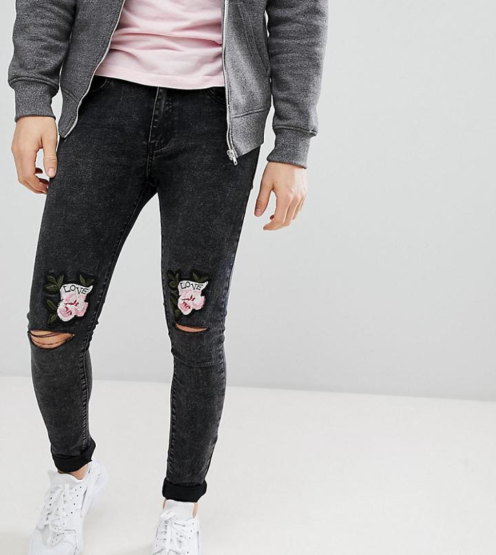 Liquor N Poker Skinny Jeans With Love Rose Embroidered Knee Rips - Black