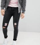 Liquor N Poker Skinny Jeans With Love Rose Embroidered Knee Rips - Black