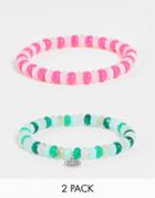 Reclaimed Vintage Inspired Unisex Bracelet 2 Pack With Smiley Charm In Pink And Green-multi