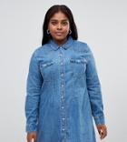Asos Design Curve Denim Fitted Western Shirt Dress With Seam Detail - Blue