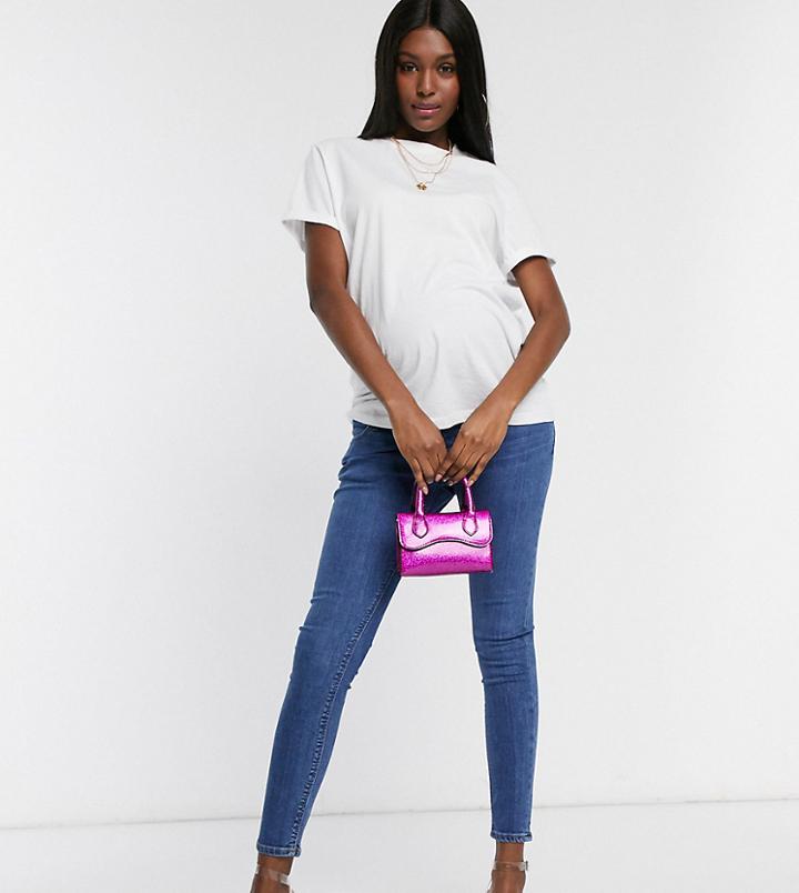 Asos Design Maternity Whitby Low Waist Skinny Jeans In Rich Midwash Blue With Over Bump Waist Band-blues