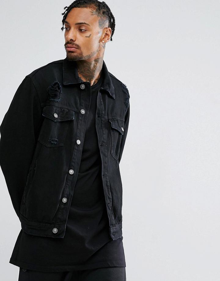 Bershka Ripped Denim Jacket In Black - Black