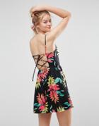 Asos Lace Up Back 90s Skater Sundress In Tropical Print - Multi