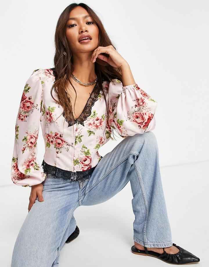 Asos Design Lace Trim Satin Blouse With Seam Detail In Floral Print-multi