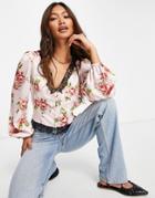 Asos Design Lace Trim Satin Blouse With Seam Detail In Floral Print-multi