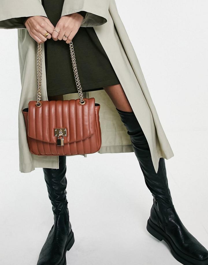 Asos Design Adjustable Quilted Shoulder Bag With Padlock In Tan-brown