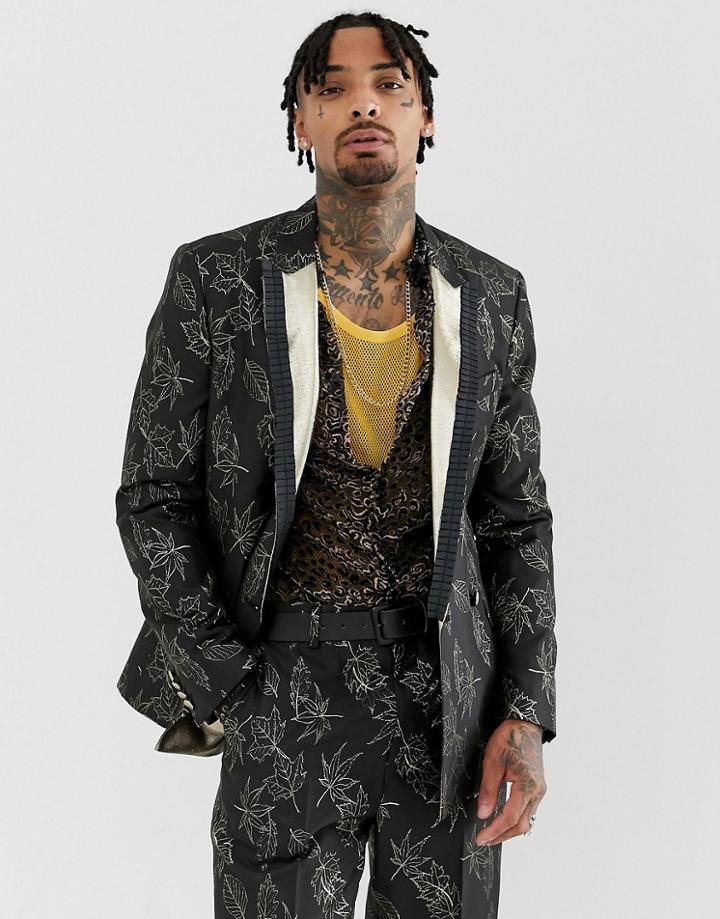 Asos Edition Slim Suit Jacket In Gold And Black Floral Jacquard