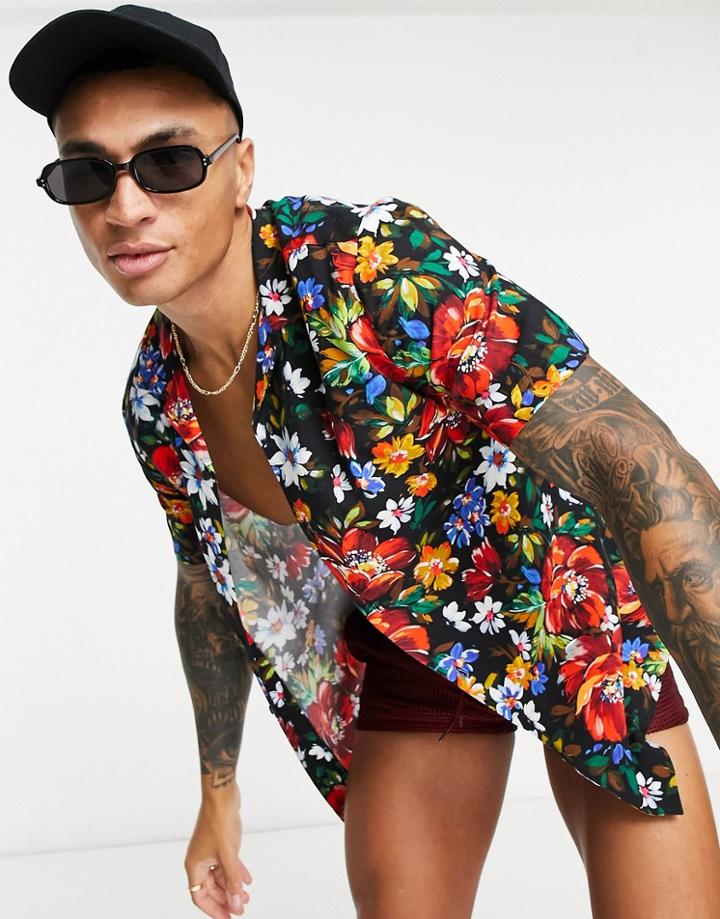 Asos Design Regular Revere Black Floral Summer Shirt