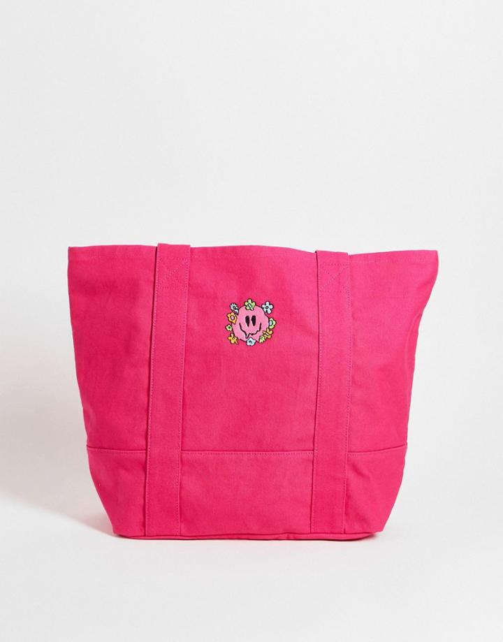 Asos Design Heavyweight Cotton Oversized Tote Bag With Smile Embroidery In Bright Pink - Bpink