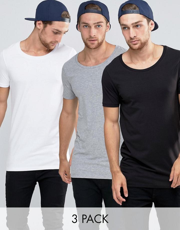 Asos 3 Pack Longline Muscle T-shirt With Scoop Neck In White/black/gray - Multi
