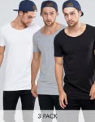 Asos 3 Pack Longline Muscle T-shirt With Scoop Neck In White/black/gray - Multi