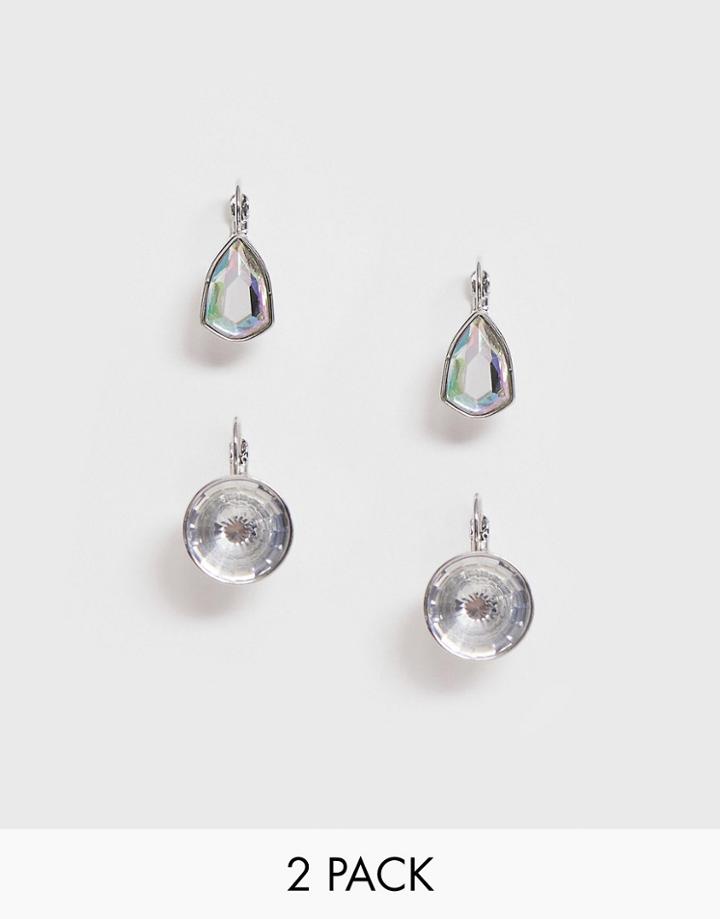 Asos Design Pack Of 2 Earrings With Classic And Pear Shape Crystal Drop In Silver Tone
