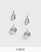 Asos Design Pack Of 2 Earrings With Classic And Pear Shape Crystal Drop In Silver Tone