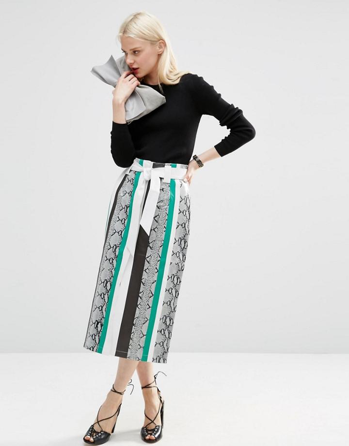 Asos Snake Paneled Leather Pencil Skirt With Button Front - Multi