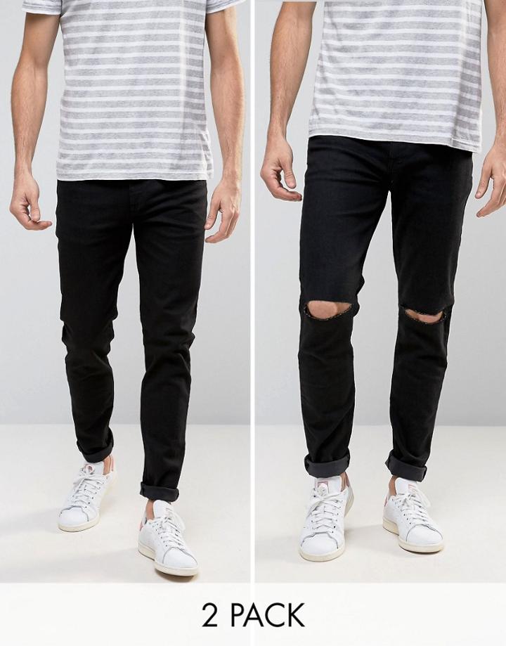 Asos Skinny Jeans 2 Pack In Black & Black With Knee Rips - Black