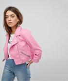 Only Faux Leather Cropped Biker Jacket - Pink