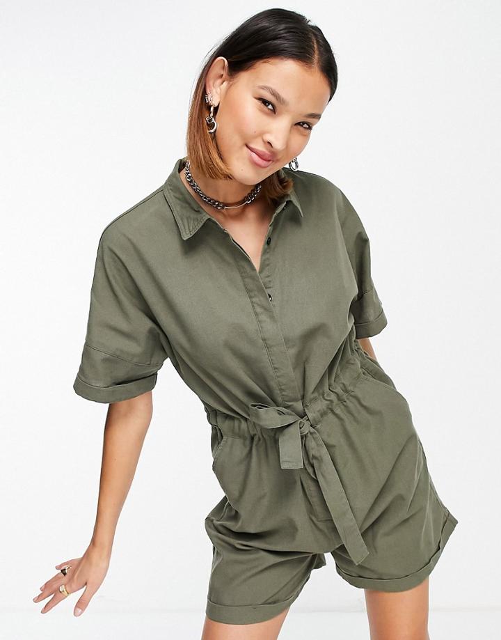 Noisy May Tie Waist Romper In Khaki-green