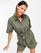 Noisy May Tie Waist Romper In Khaki-green