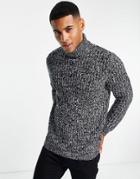 Asos Design Heavyweight Fisherman Rib Roll Neck Sweater In Black & White Twist