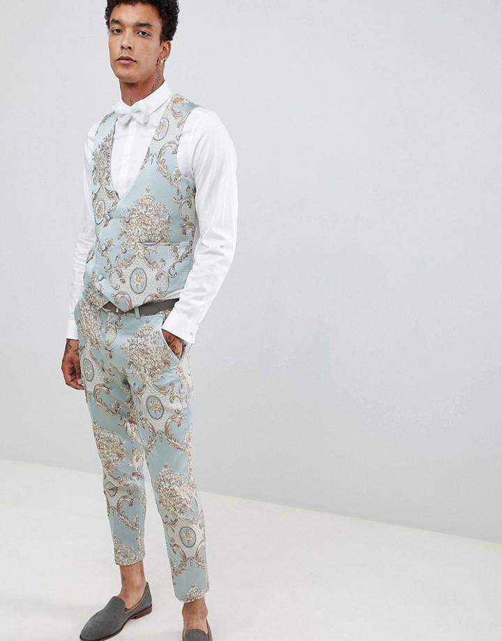 Asos Design Skinny Suit Vest In Duck Egg Jacquard - Blue