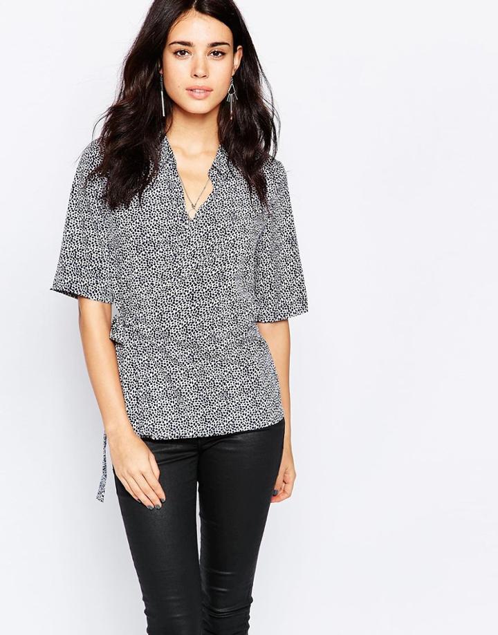 Vila 3/4 Sleeve Wrap Front Shirt In Animal Print