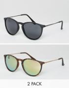 Asos 2 Pack Skinny Keyhole Retro Round Sunglasses Matt Black & Tort And Pink Flash Lens - Multi