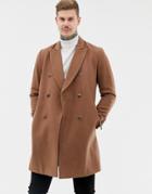 Asos Design Wool Mix Double Breasted Overcoat In Dark Camel - Tan