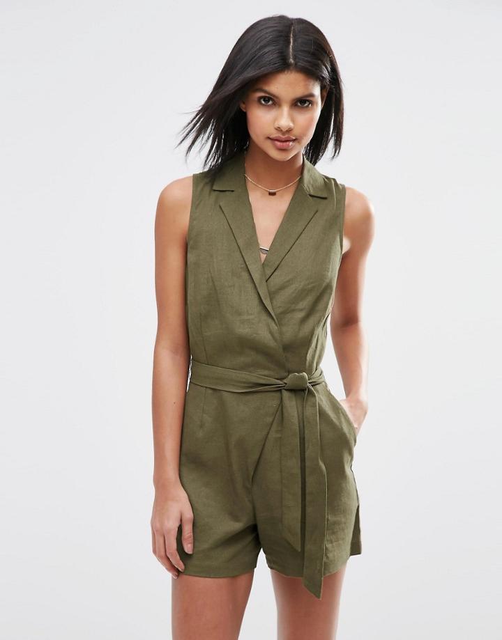 Asos Linen Shirt Detail Romper - Khaki