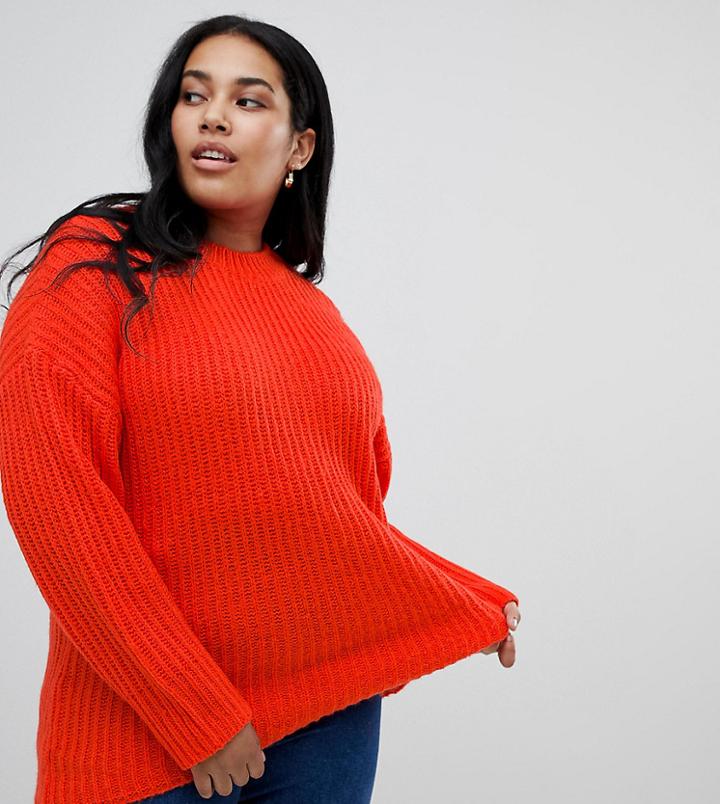 Asos Design Curve Chunky Sweater In Rib With Crew Neck - Red